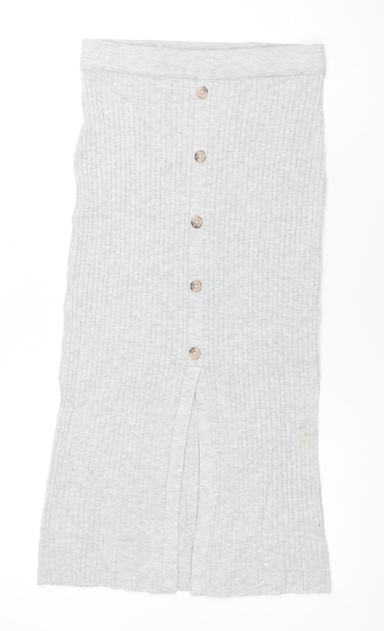 H&M Women Grey Ribbed Knit Button Midi Pencil Skirt Size S