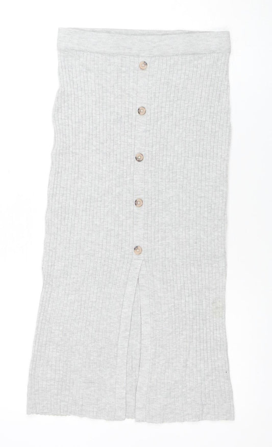 H&M Women Grey Ribbed Knit Button Midi Pencil Skirt Size S