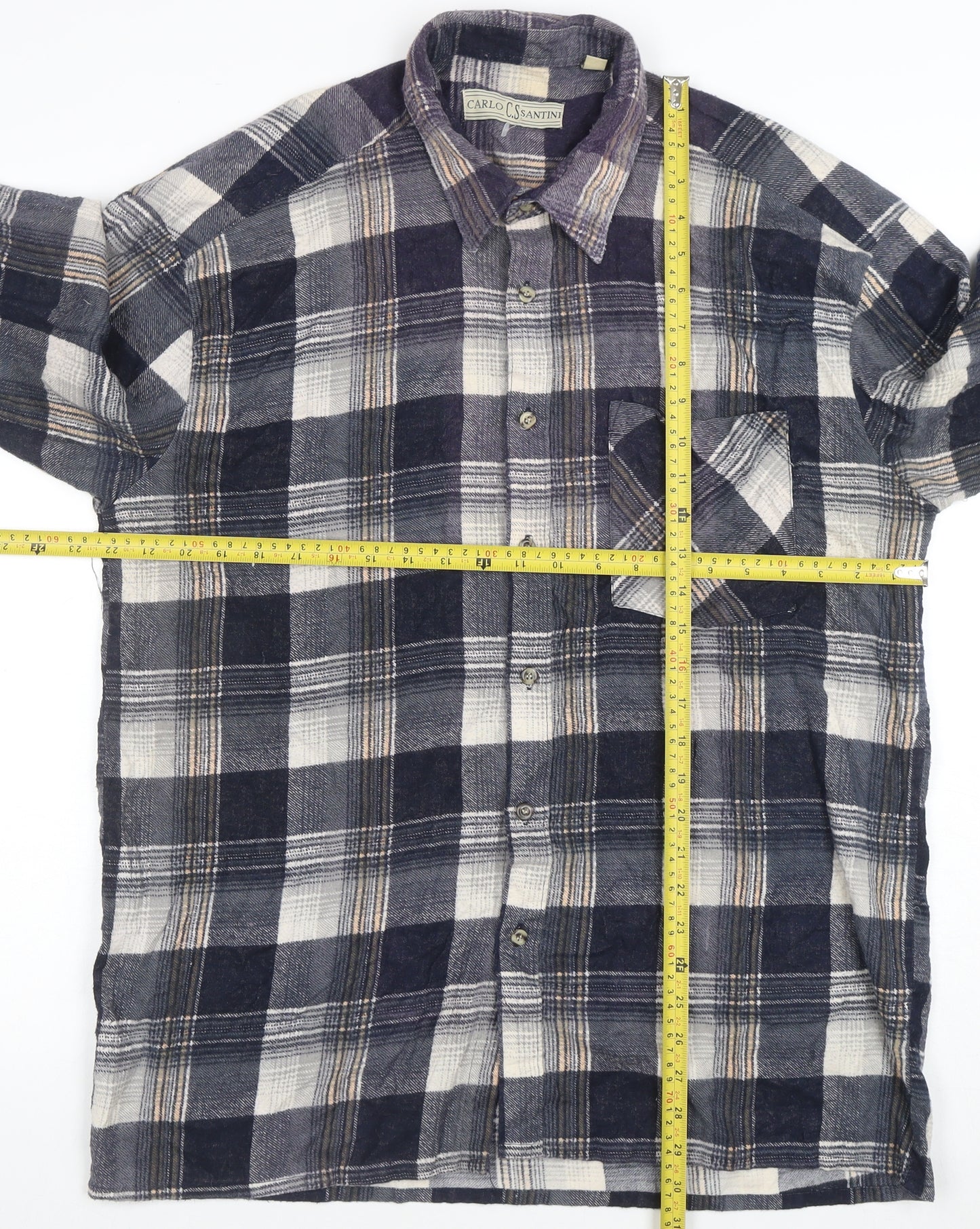 Carlo C. Santini Men's Blue Check Flannel Cotton Button-Up Shirt XL