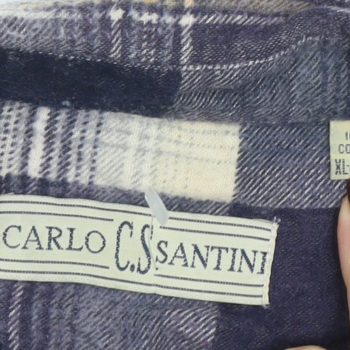 Carlo C. Santini Men's Blue Check Flannel Cotton Button-Up Shirt XL