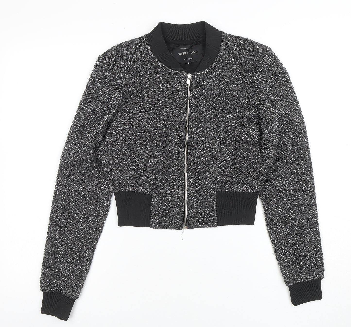 River Island Womens Grey Bomber Jacket Size 6 Quilted Cropped Zip