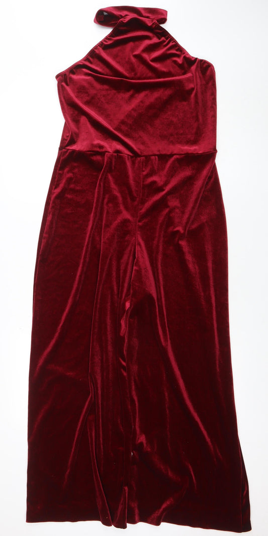 PrettyLittleThing Women Red Velvet High Neck Sleeveless Jumpsuit UK 16