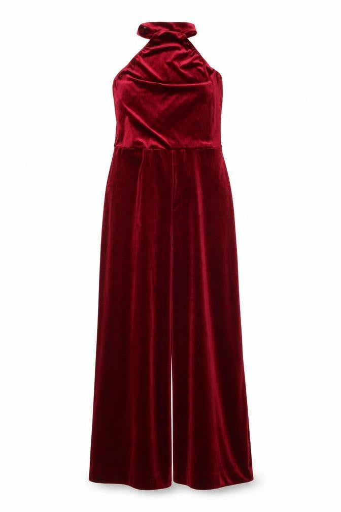 PrettyLittleThing Women Red Velvet High Neck Sleeveless Jumpsuit UK 16