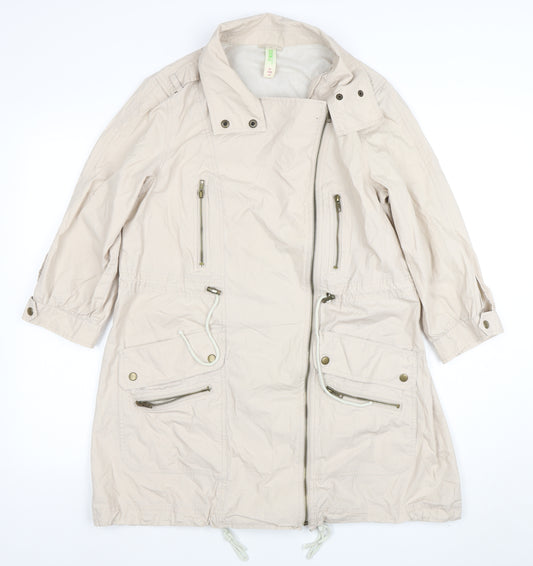 Denim Co Women Beige Parka Coat Size 12 Long Zip Up Cotton Blend