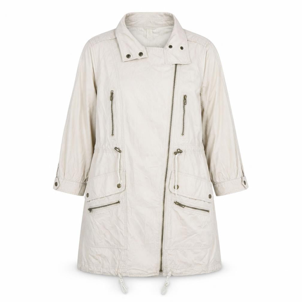 Denim Co Women Beige Parka Coat Size 12 Long Zip Up Cotton Blend