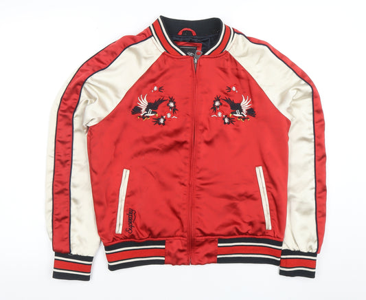 Superdry Women Red Bomber Jacket Size 8 Embroidered Japan Style
