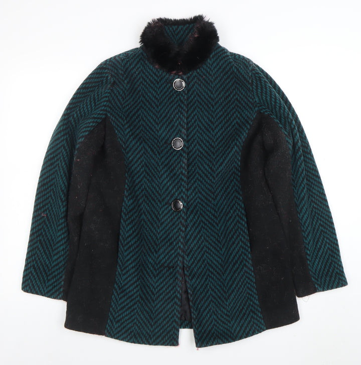 Boohoo Women Green Herringbone Faux Fur Collar Mid-Length Coat XS