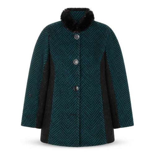 Boohoo Women Green Herringbone Faux Fur Collar Mid-Length Coat XS