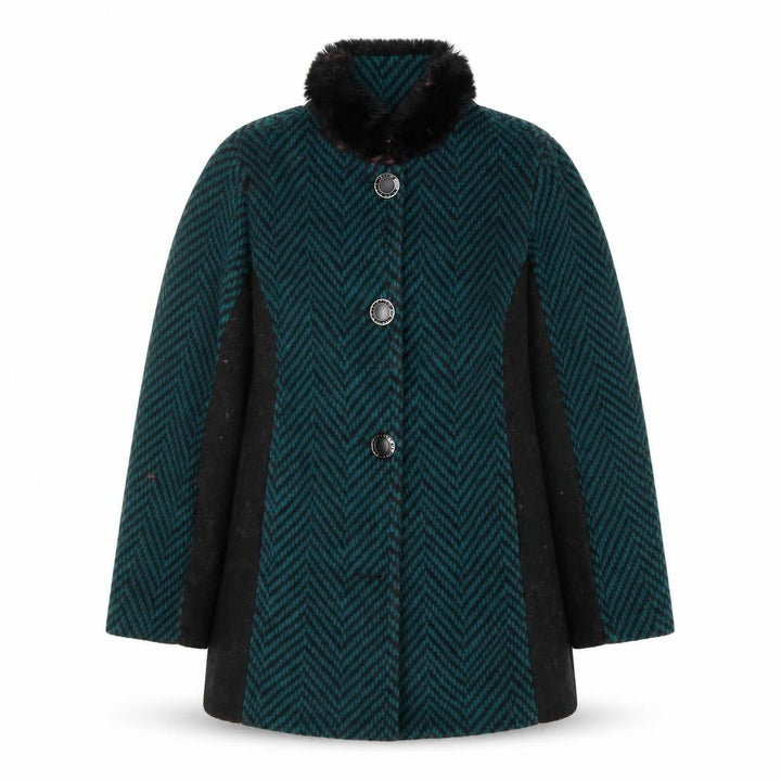 Boohoo Women Green Herringbone Faux Fur Collar Mid-Length Coat XS