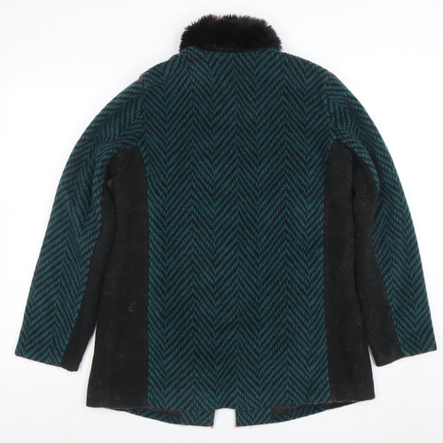 Boohoo Women Green Herringbone Faux Fur Collar Mid-Length Coat XS