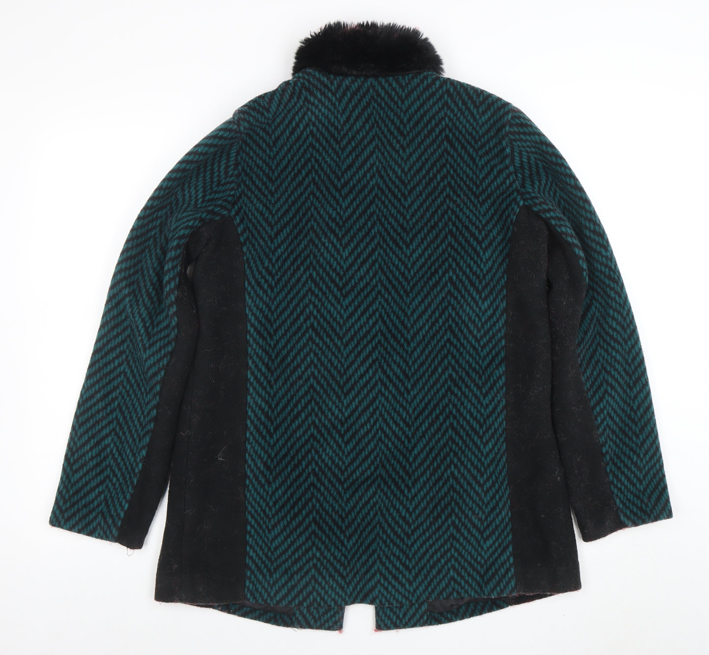 Boohoo Women Green Herringbone Faux Fur Collar Mid-Length Coat XS