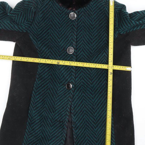 Boohoo Women Green Herringbone Faux Fur Collar Mid-Length Coat XS