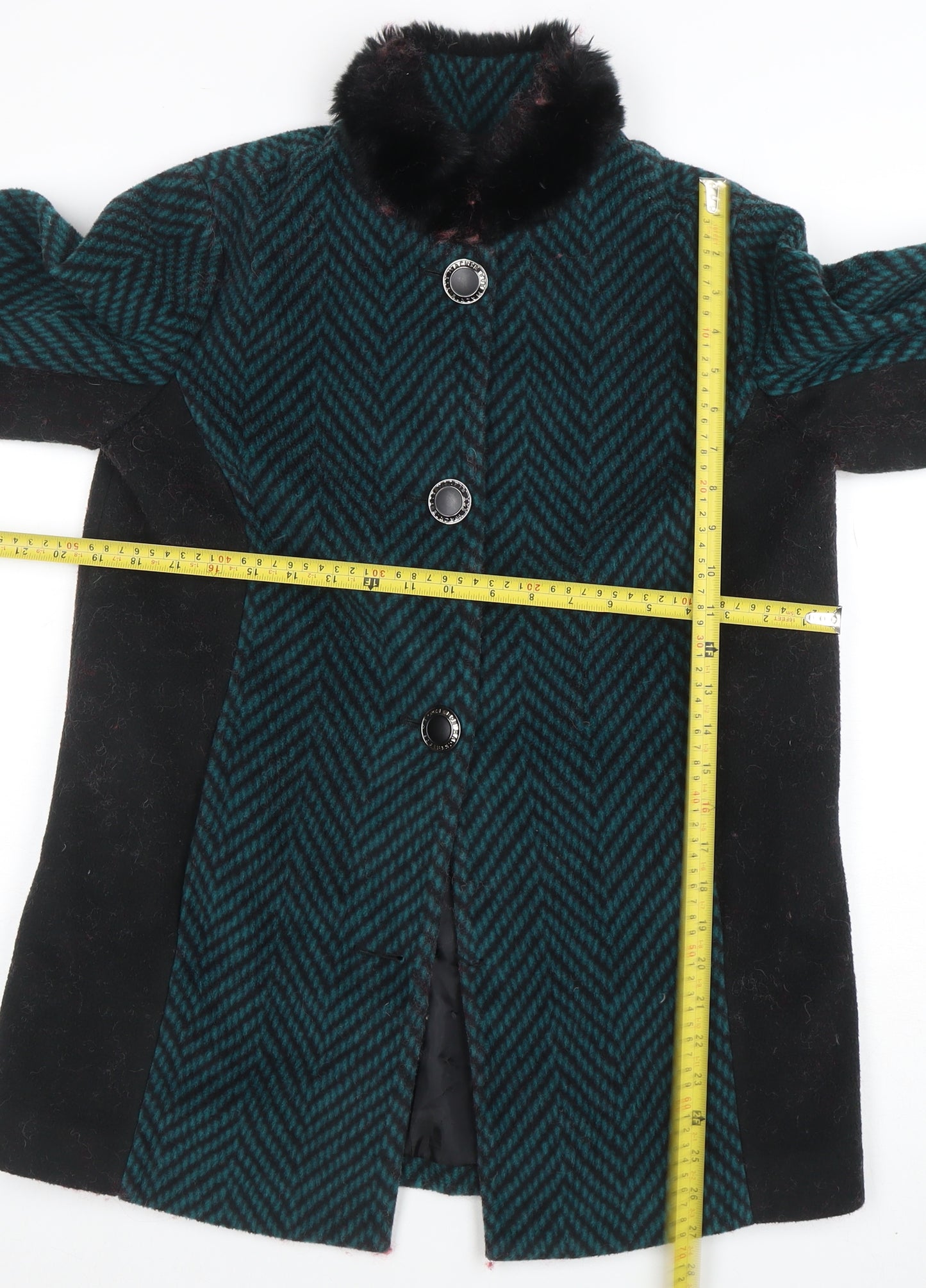 Boohoo Women Green Herringbone Faux Fur Collar Mid-Length Coat XS