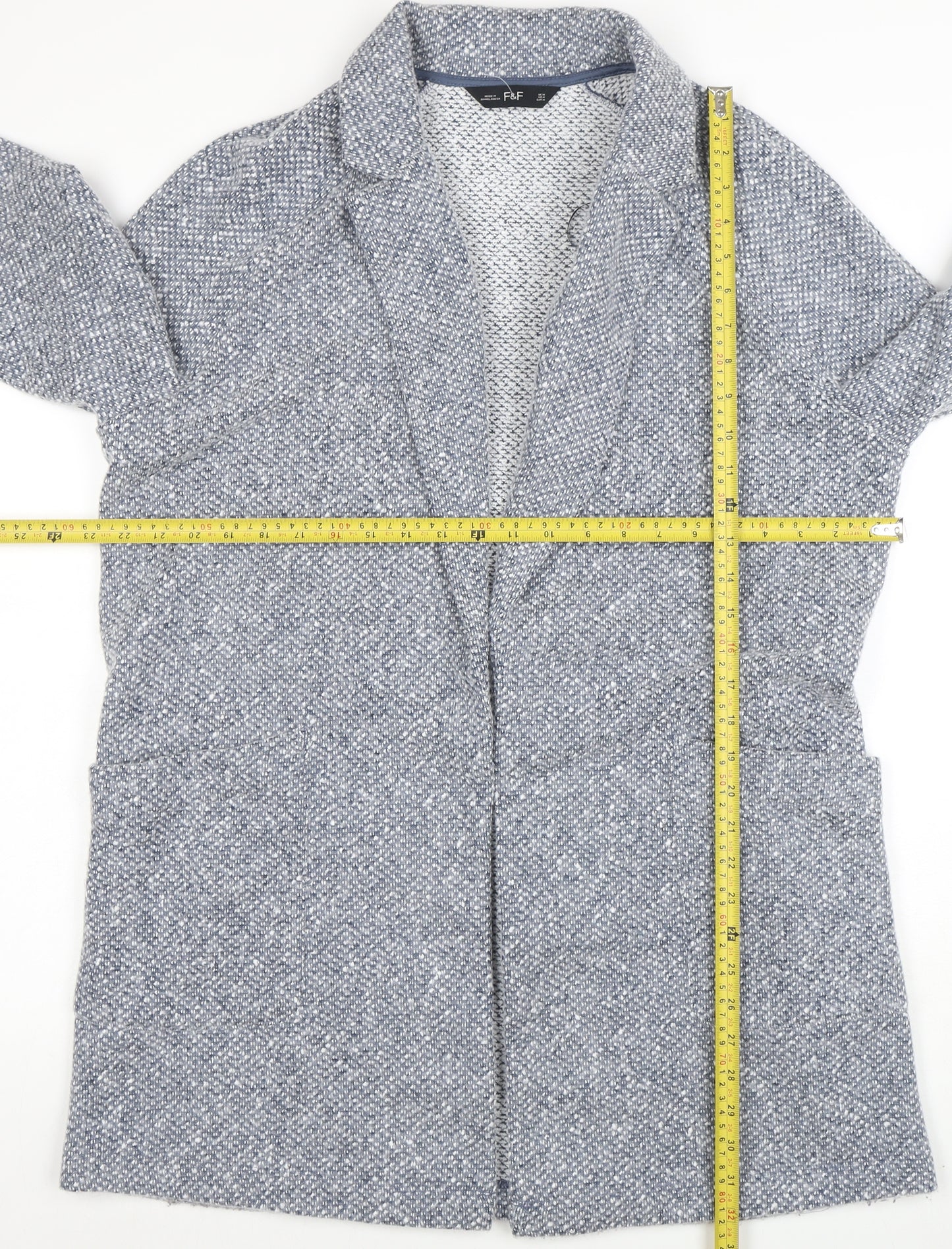F&F Women’s Grey Tweed Open Front Coatigan Size M Mid-Length