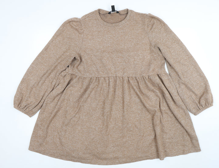 New Look Women Beige Knit Skater Dress UK 16 Long Sleeve Crew Neck