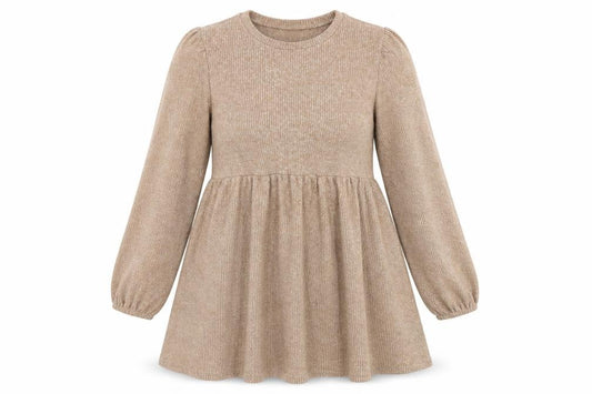 Front view of New Look Women Beige Knit Skater Dress UK 16 Long Sleeve Crew Neck
