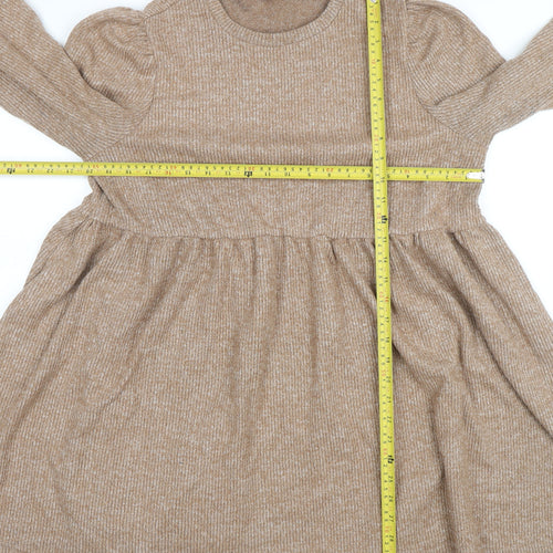 New Look Women Beige Knit Skater Dress UK 16 Long Sleeve Crew Neck