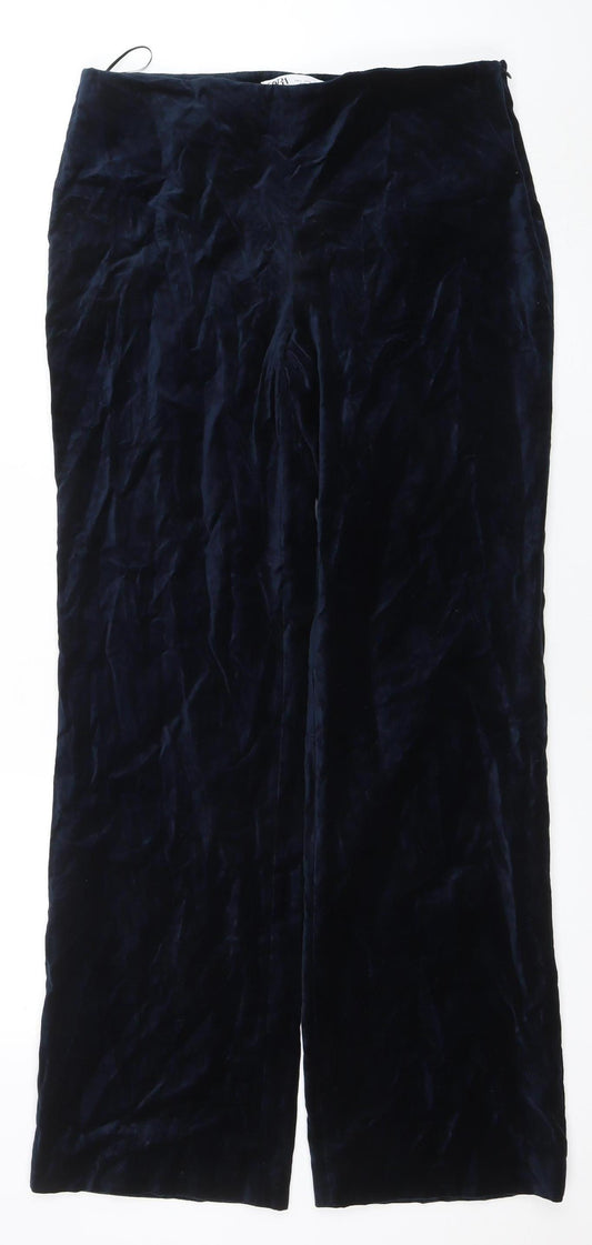 Zara Womens Blue Velvet Wide Leg Trousers Size L