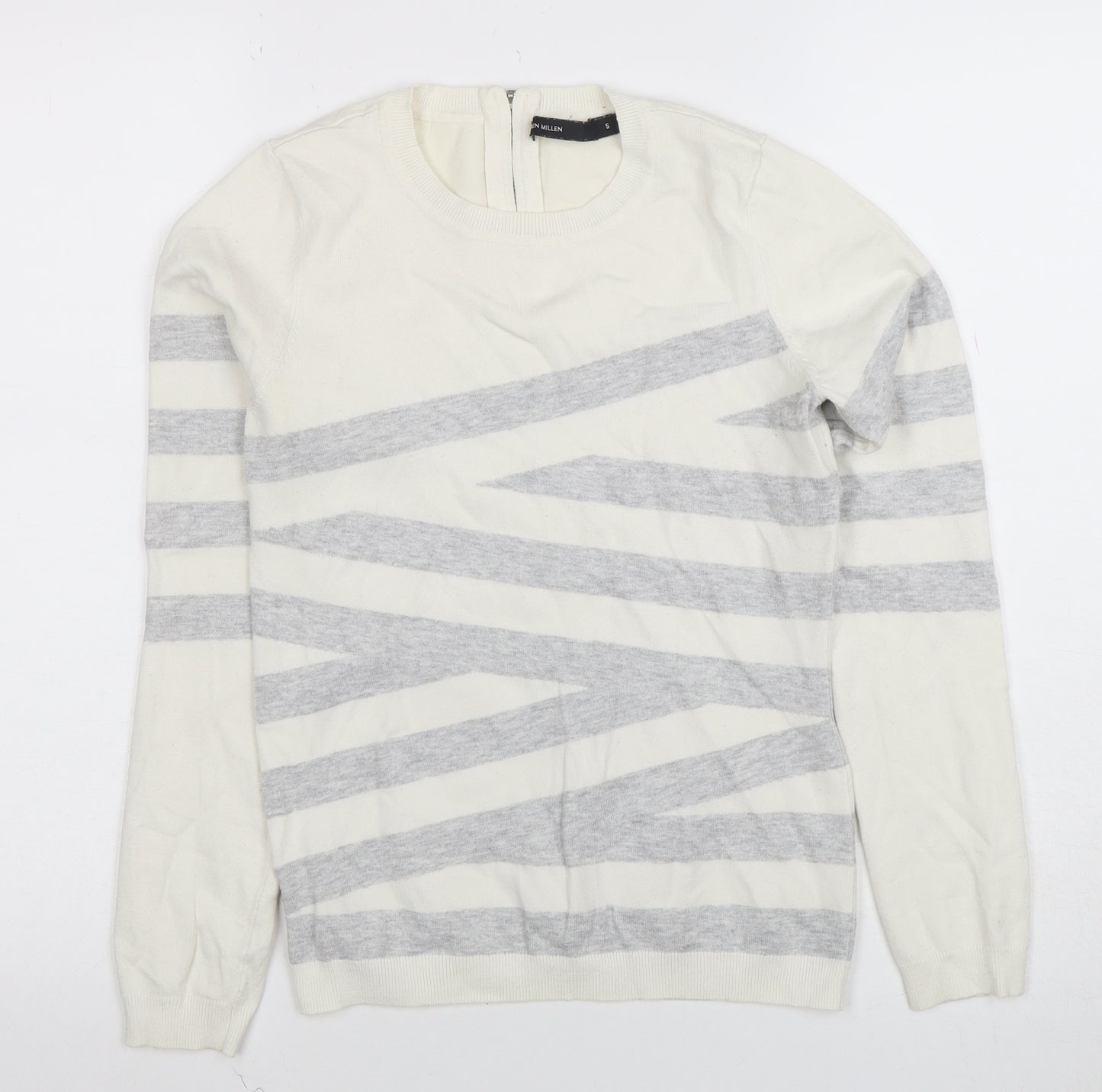 Karen Millen Women Ivory Grey Striped Jersey Knit Top UK S