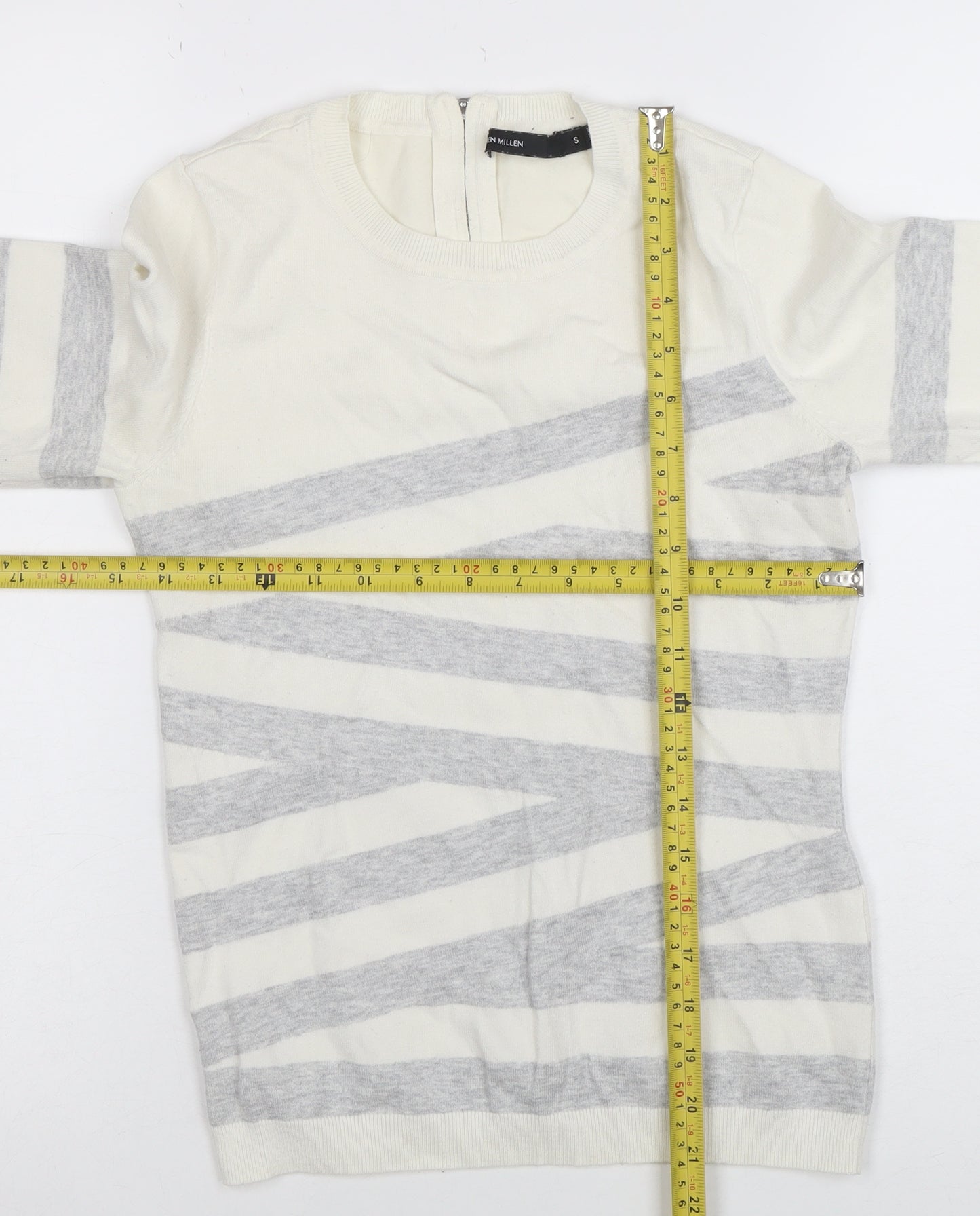 Karen Millen Women Ivory Grey Striped Jersey Knit Top UK S