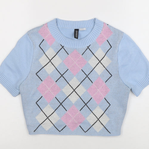 H&M Divided Women's Blue Argyle Cropped Knit Short Sleeve Top Size S