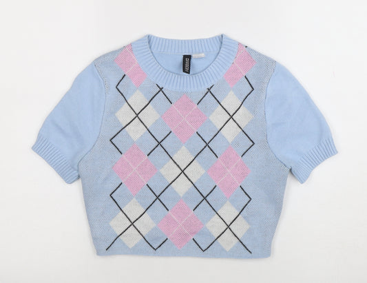 H&M Divided Women's Blue Argyle Cropped Knit Short Sleeve Top Size S