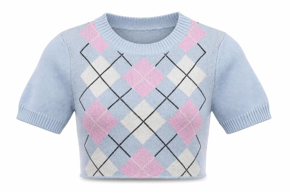 Front view of H&M Divided Women's Blue Argyle Cropped Knit Short Sleeve Top, size S