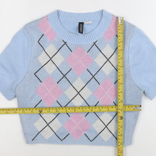 H&M Divided Women's Blue Argyle Cropped Knit Short Sleeve Top Size S