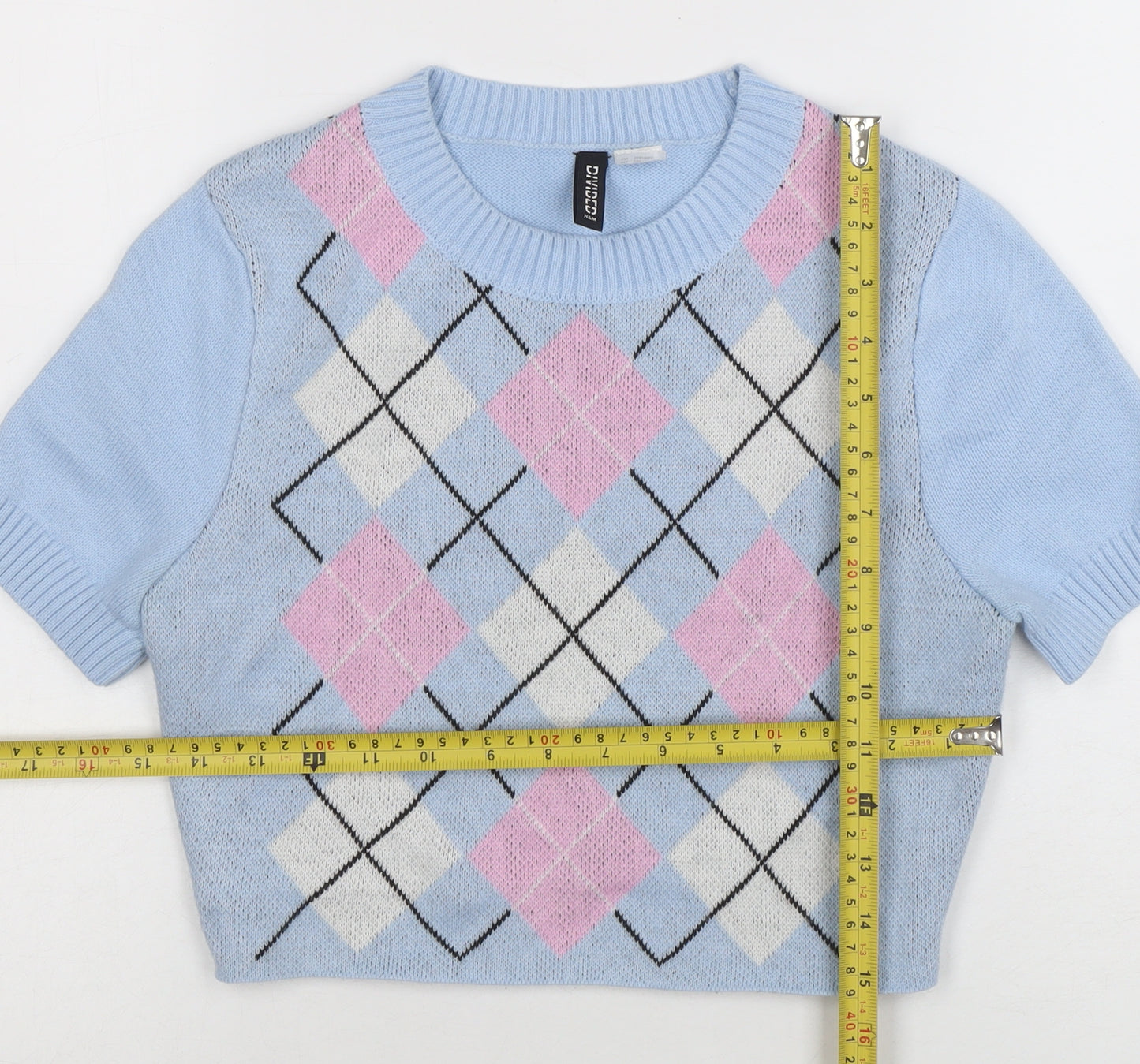 H&M Divided Women's Blue Argyle Cropped Knit Short Sleeve Top Size S