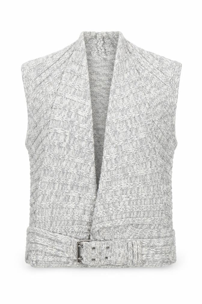 Front view of Zingara Women's Grey Chunky-Knit Sleeveless Belted Vest, size 14