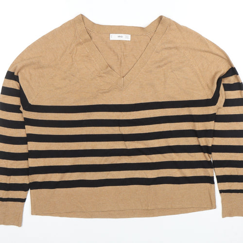 MNG Women Brown Striped Knit V-Neck Long Sleeve Top Size S