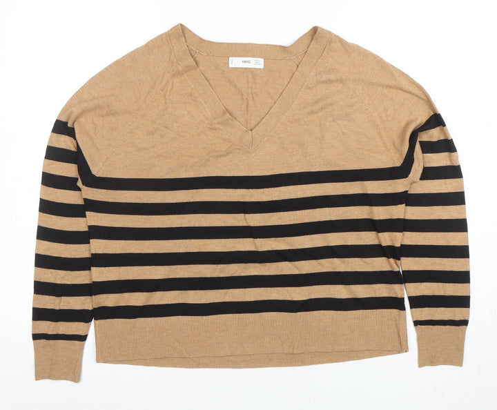 MNG Women Brown Striped Knit V-Neck Long Sleeve Top Size S