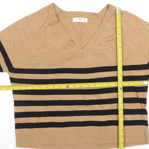 MNG Women Brown Striped Knit V-Neck Long Sleeve Top Size S