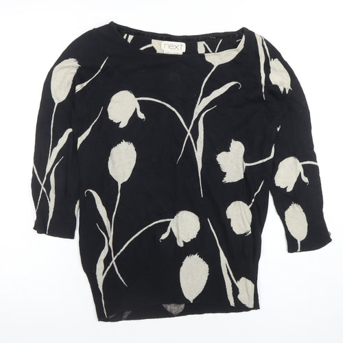 Next Womens Black Floral Knit Tunic Blouse UK 10 3/4 Sleeve
