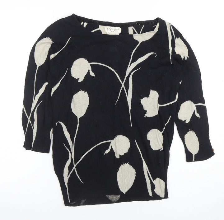 Next Womens Black Floral Knit Tunic Blouse UK 10 3/4 Sleeve