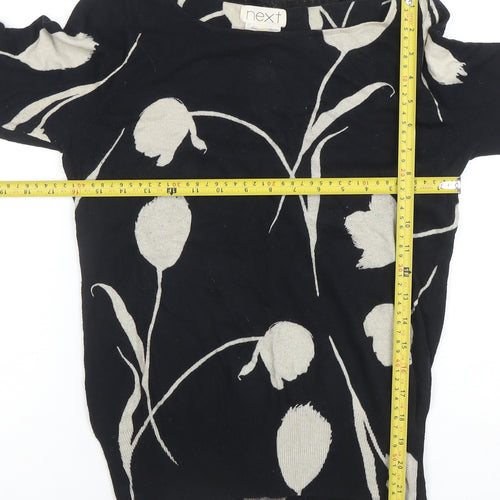 Next Womens Black Floral Knit Tunic Blouse UK 10 3/4 Sleeve