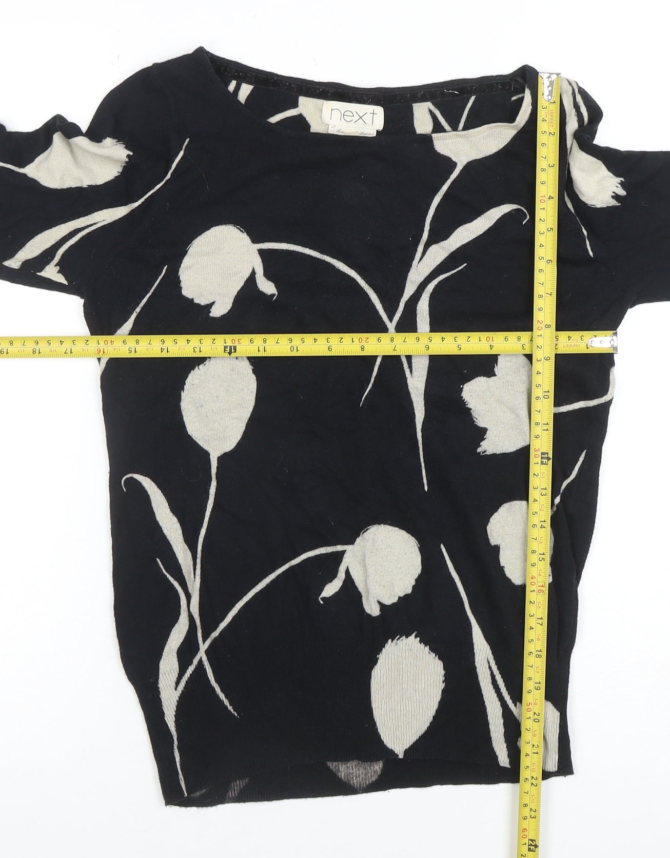Next Womens Black Floral Knit Tunic Blouse UK 10 3/4 Sleeve