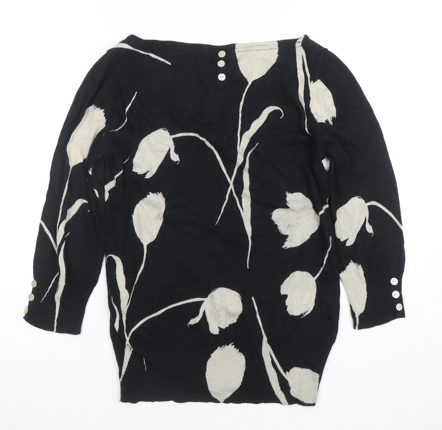 Next Womens Black Floral Knit Tunic Blouse UK 10 3/4 Sleeve