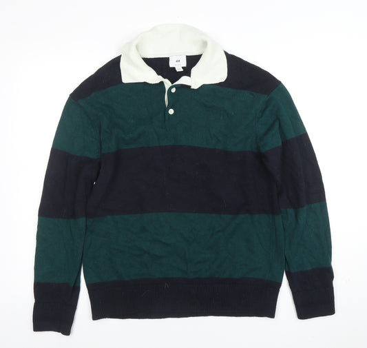 H&M Men’s Green Striped Long Sleeve Cotton Polo Shirt XS