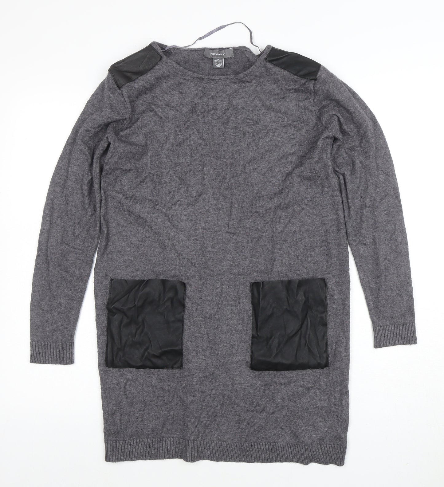Primark Womens Grey Faux Leather Panel Tunic Jumper M