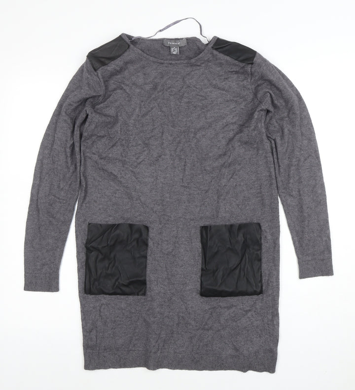 Primark Womens Grey Faux Leather Panel Tunic Jumper M