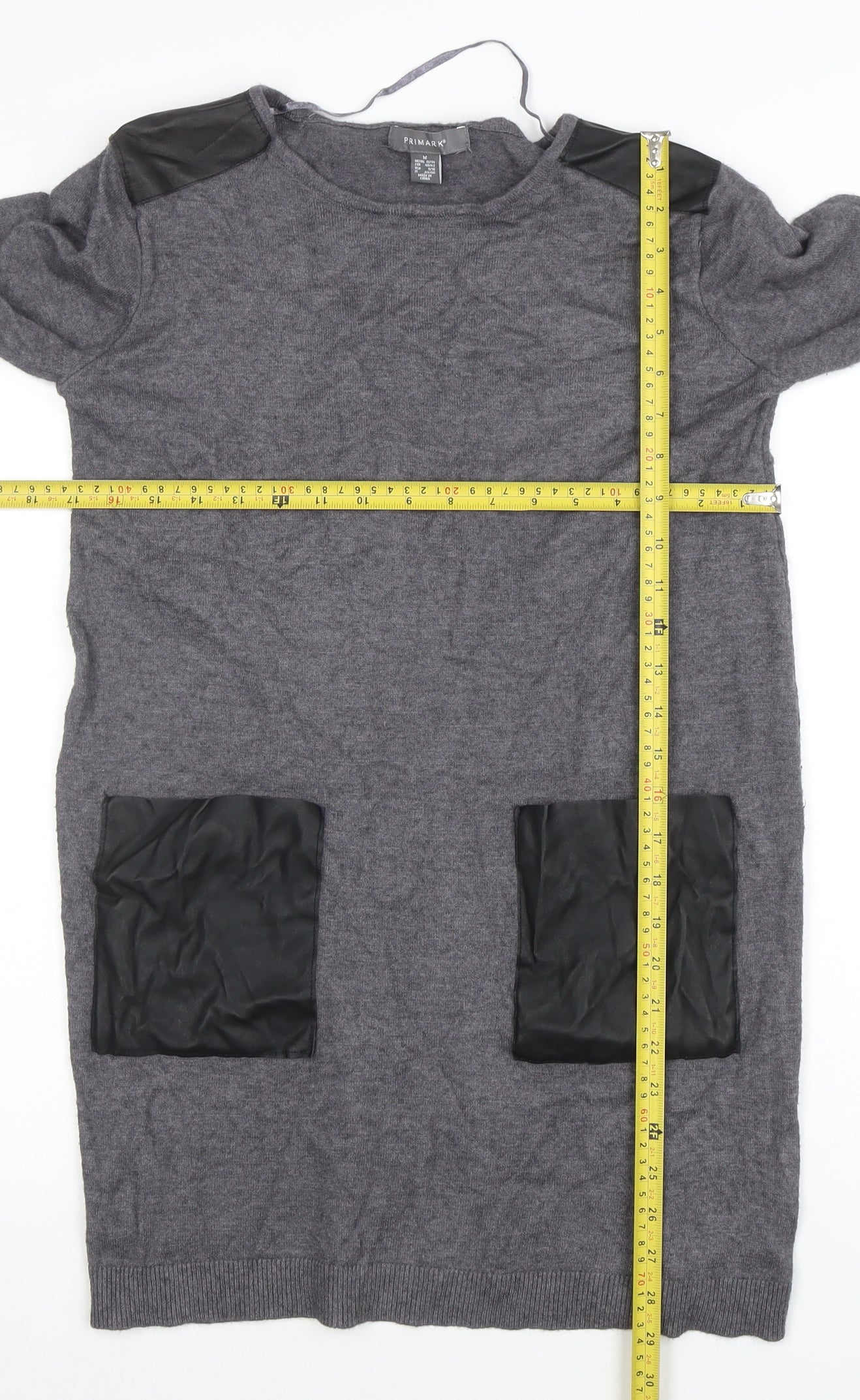 Primark Womens Grey Faux Leather Panel Tunic Jumper M