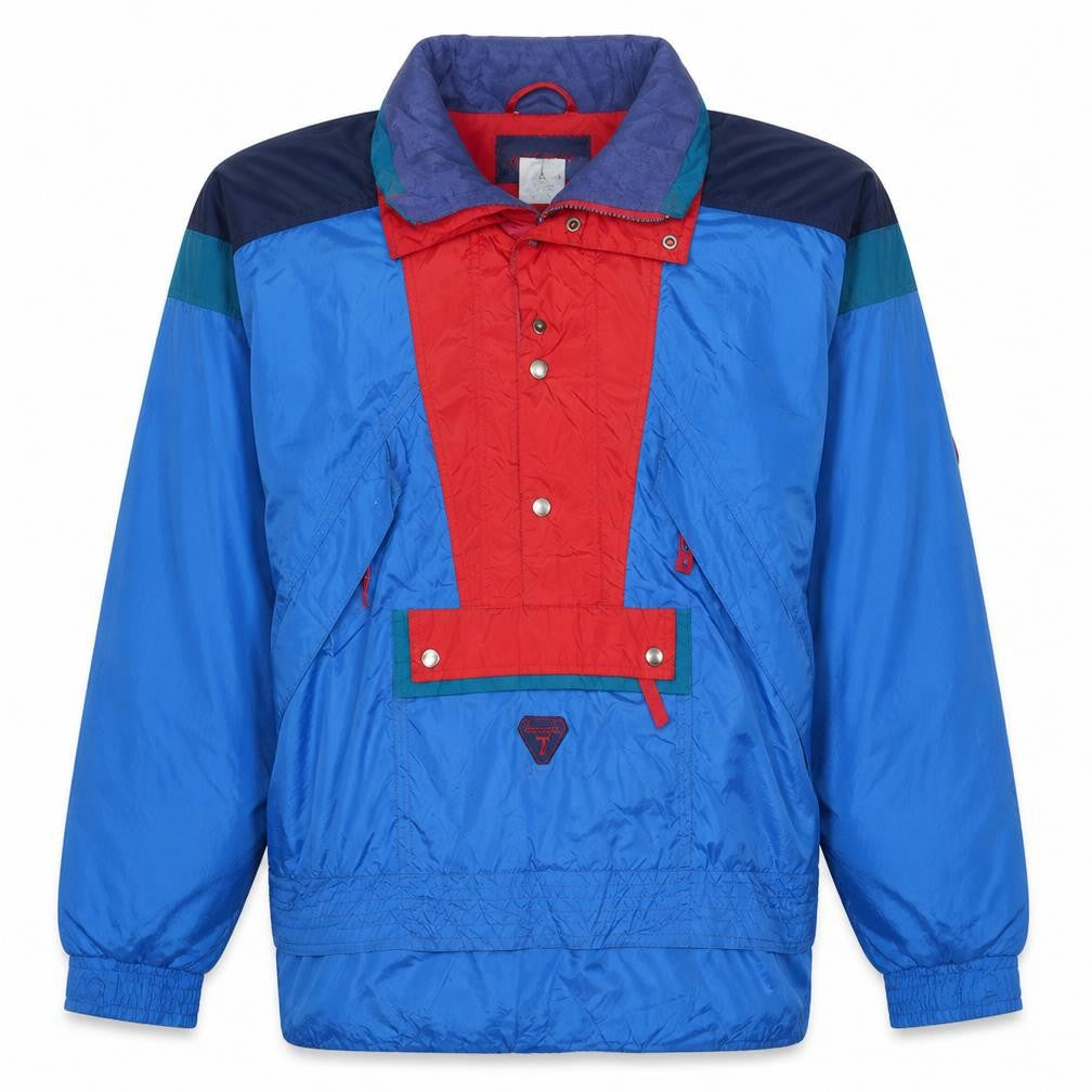 Front view of Degre 7 Men's Blue Red 80s Retro Ski Anorak Jacket, size M