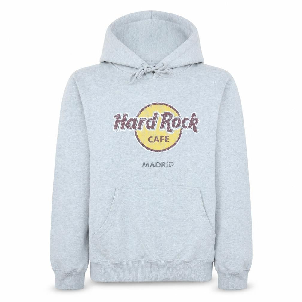 Front view of Hard Rock Cafe Madrid Grey Pullover Hoodie Women M Cotton Blend