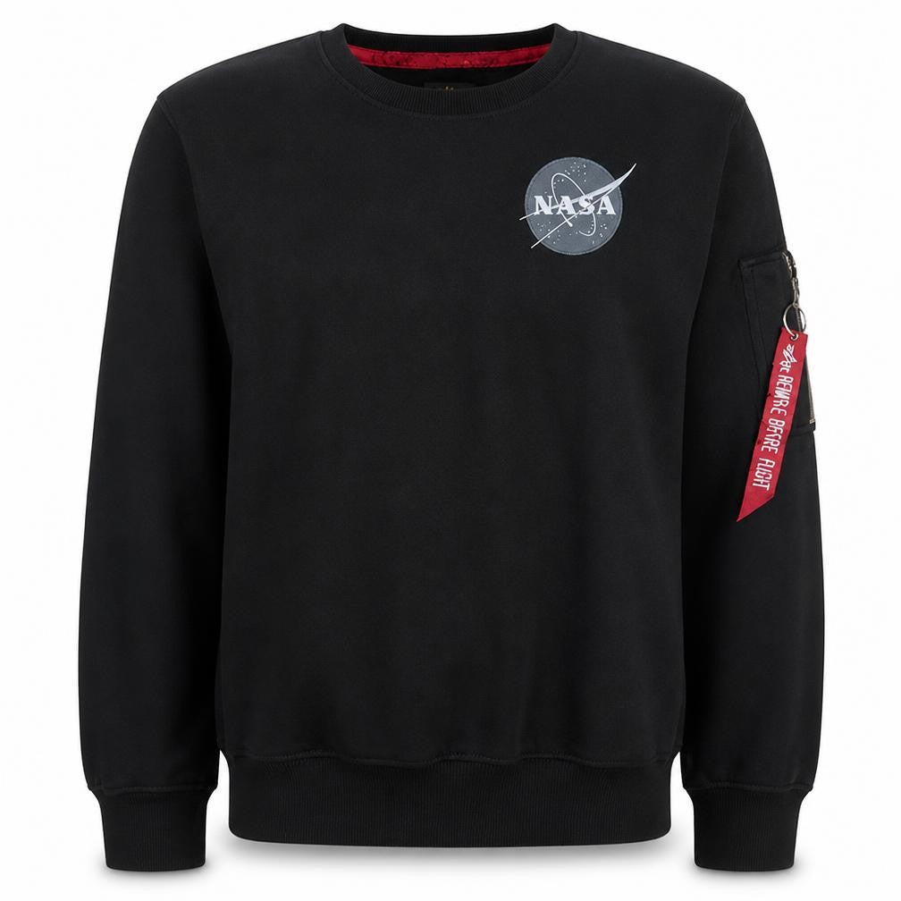 Front view of Alpha Industries Men's Black NASA Logo Crew Neck Sweatshirt M
