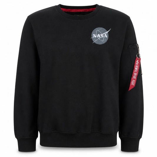 Front view of Alpha Industries Men's Black NASA Logo Crew Neck Sweatshirt M