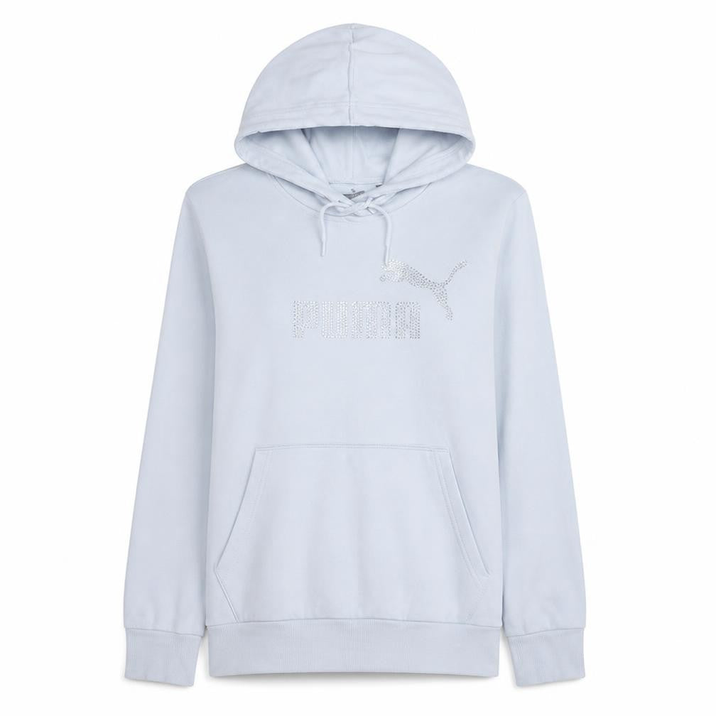 Front view of Puma women’s white glitter logo pullover hoodie, size M