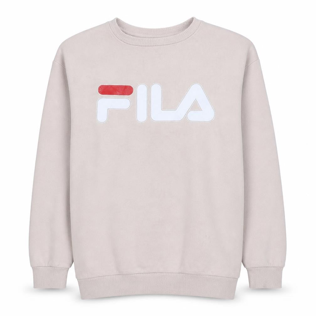 Front view of Fila women’s beige small pullover sweatshirt classic logo cotton blend