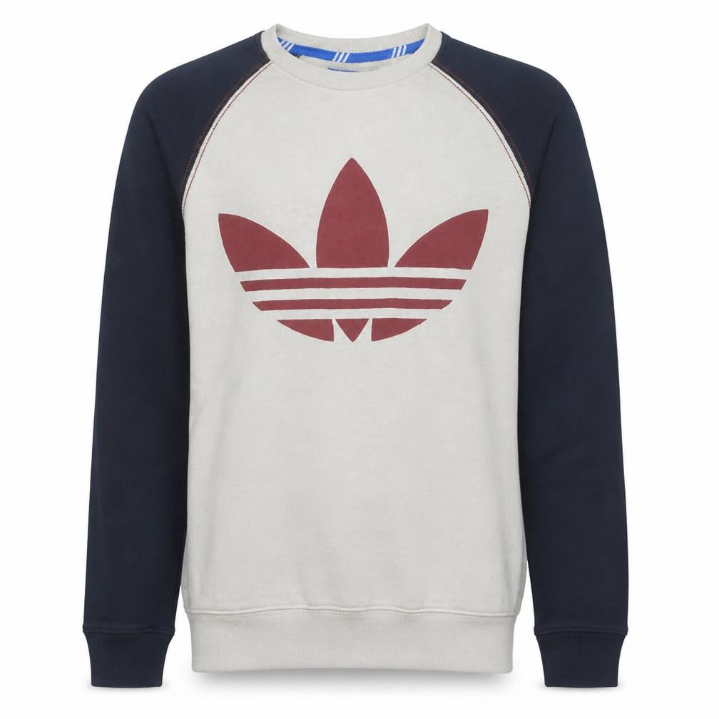 Front view of Adidas men’s beige crew neck pullover sweatshirt xs classic logo