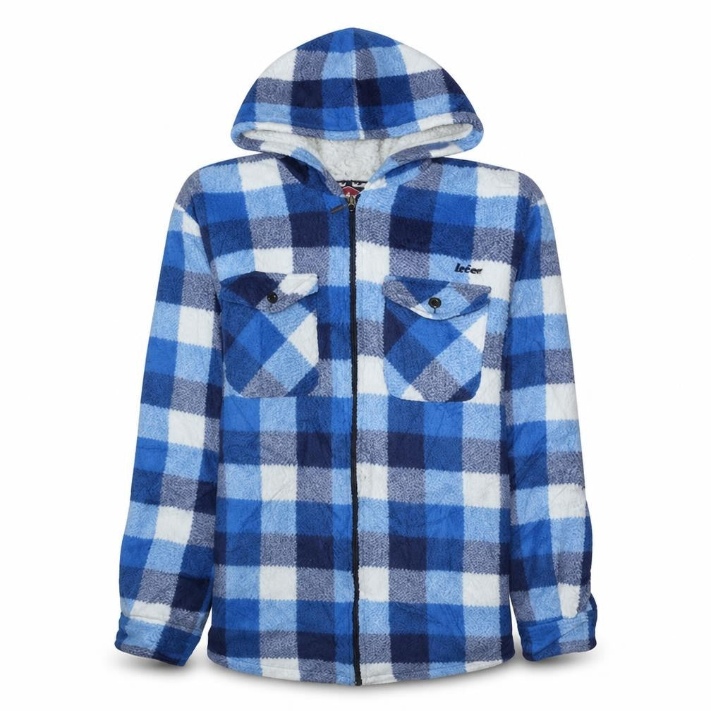 Front view of Lee Cooper Men Blue Check Hooded Fleece Jacket L